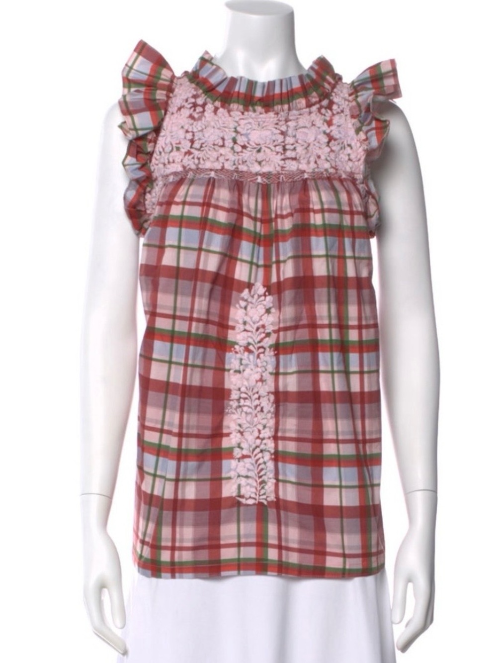 Mi Golondrina Pink Plaid Smocked Tank Top with Floral Trim Size XS